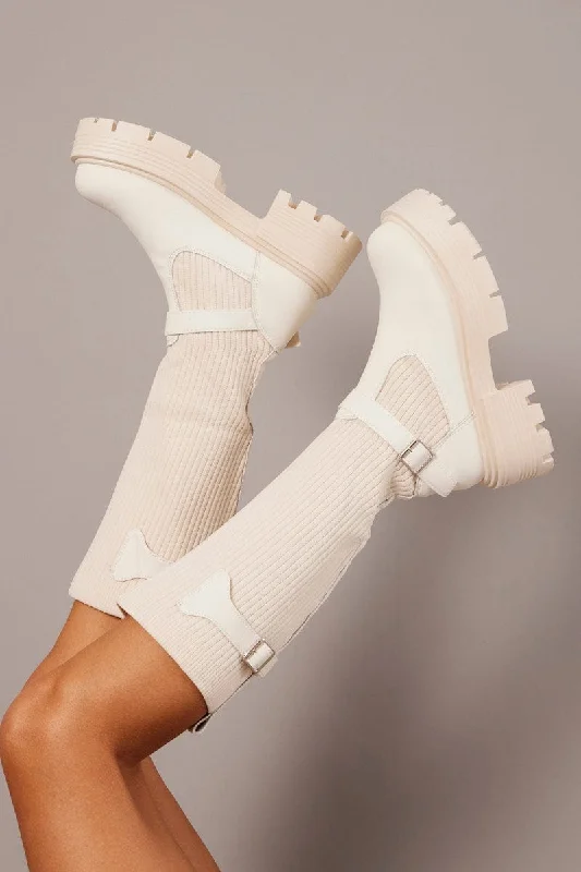 White Knee High Chunky Sole Boots