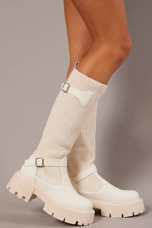 White Knee High Chunky Sole Boots