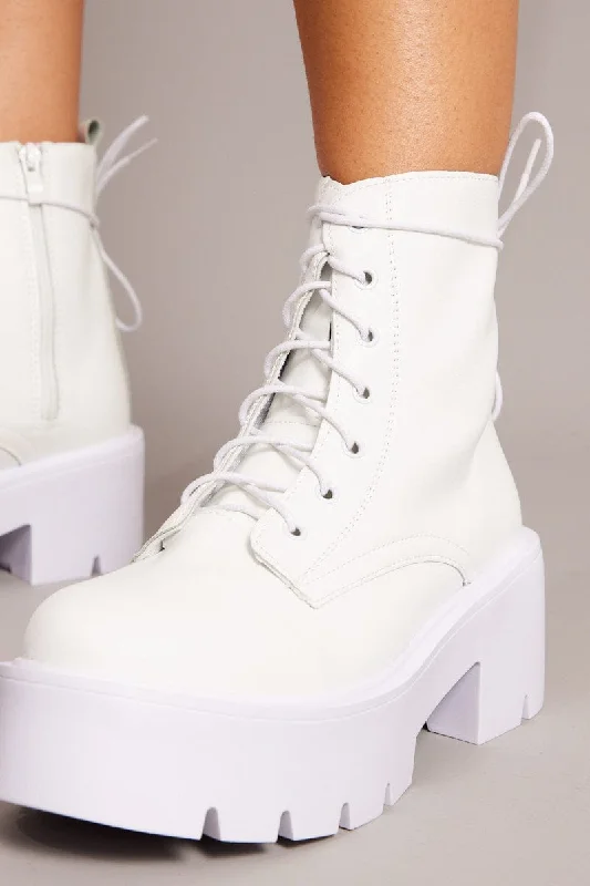 White Lace Up Chunky Boots