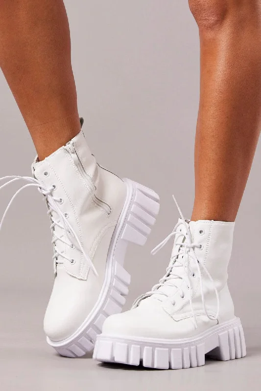 White Lace Up Chunky Boots