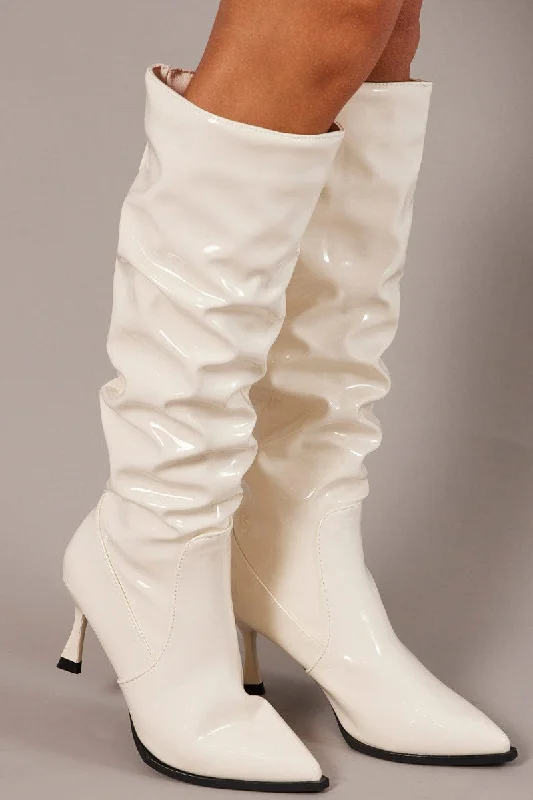 White Ruched Stiletto Boots