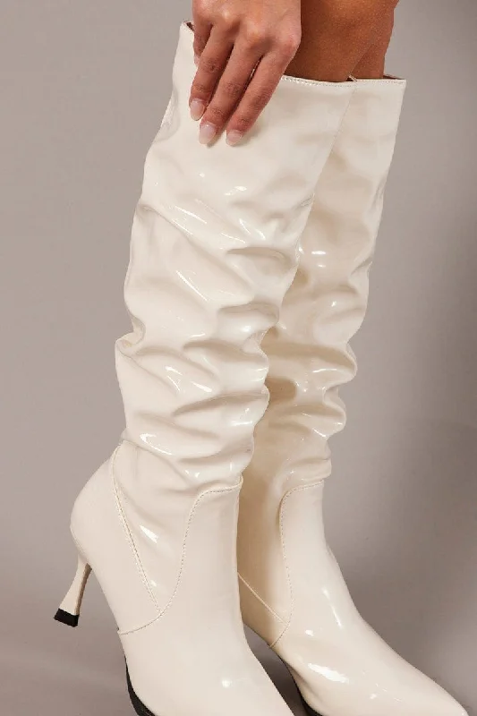 White Ruched Stiletto Boots