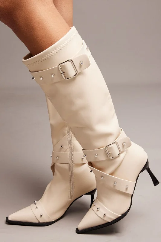 White Studded Strap Heeled Knee Boots