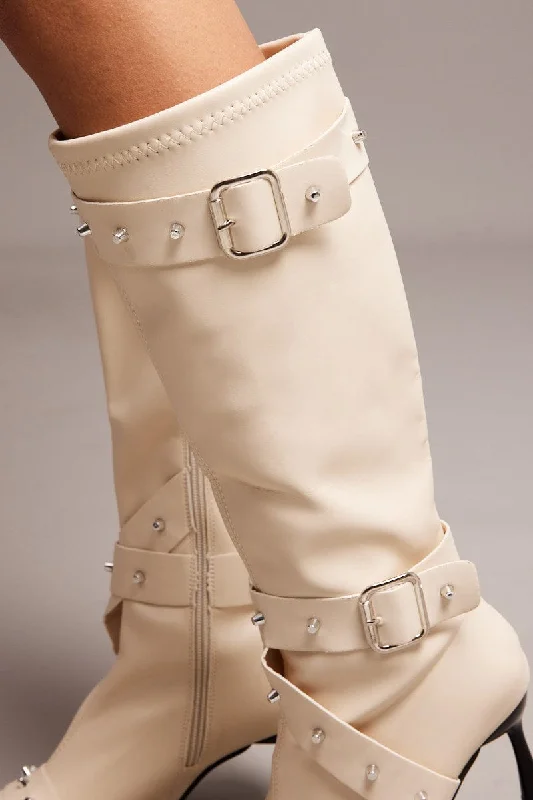 White Studded Strap Heeled Knee Boots