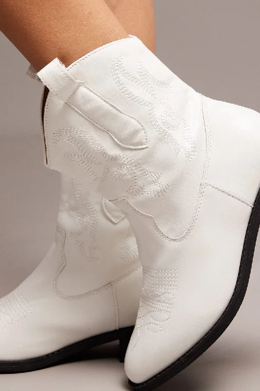 White Western Embroidered Cowboy Ankle Boots