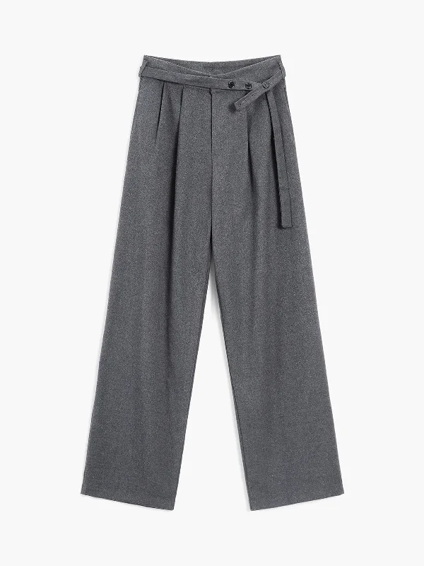 BerryBetty - Asymmetric Buttoned Pleat Straight Leg Dress Pants