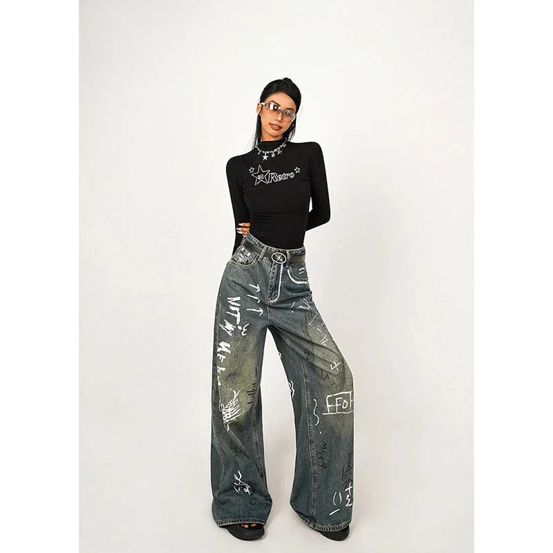 Blue Graffiti Hip Hop Streetwear High Waist Wide Leg Fashion Winter Straight Jeans