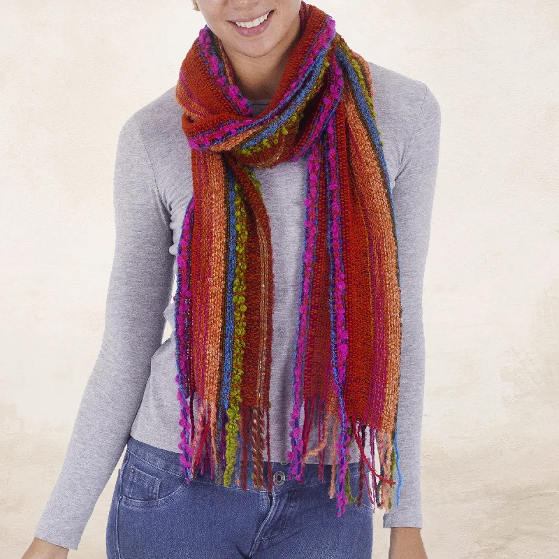 Bohemian Rainbow Hand Woven Alpaca Blend Striped Multicolored Scarf from Peru