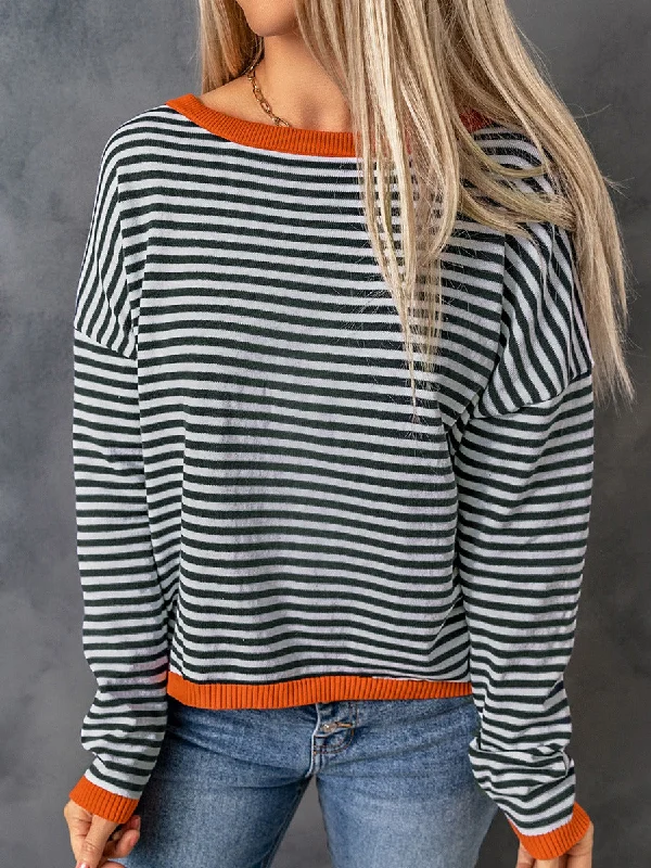 Cotton Knitted Striped Color Collision Design Sweaters