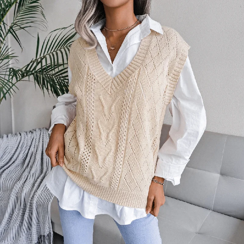 Elegant Women's Hollow Twist V-neck Knitted Sweaters