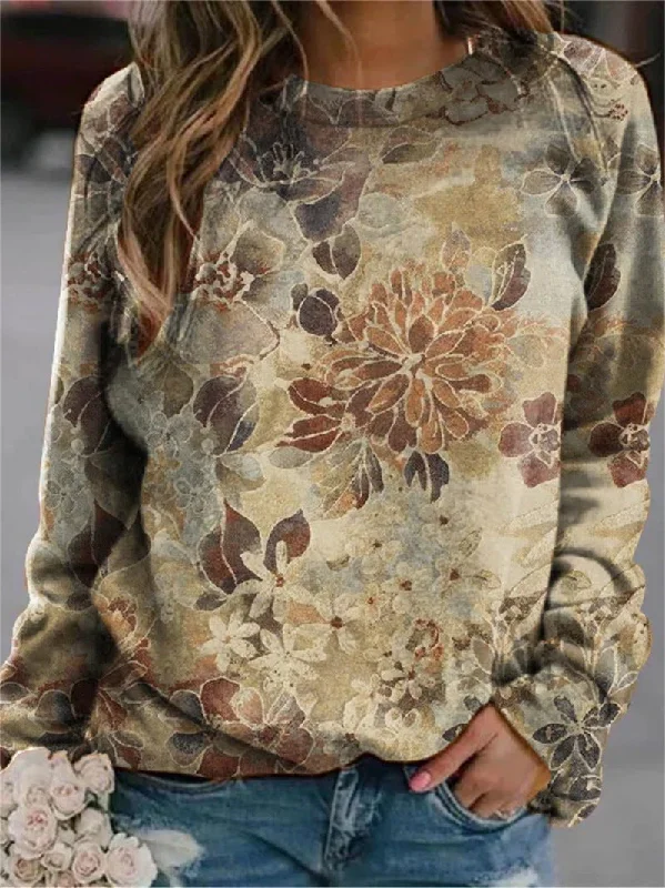 Floral Loose Print Long Sleeve Neck Sweaters