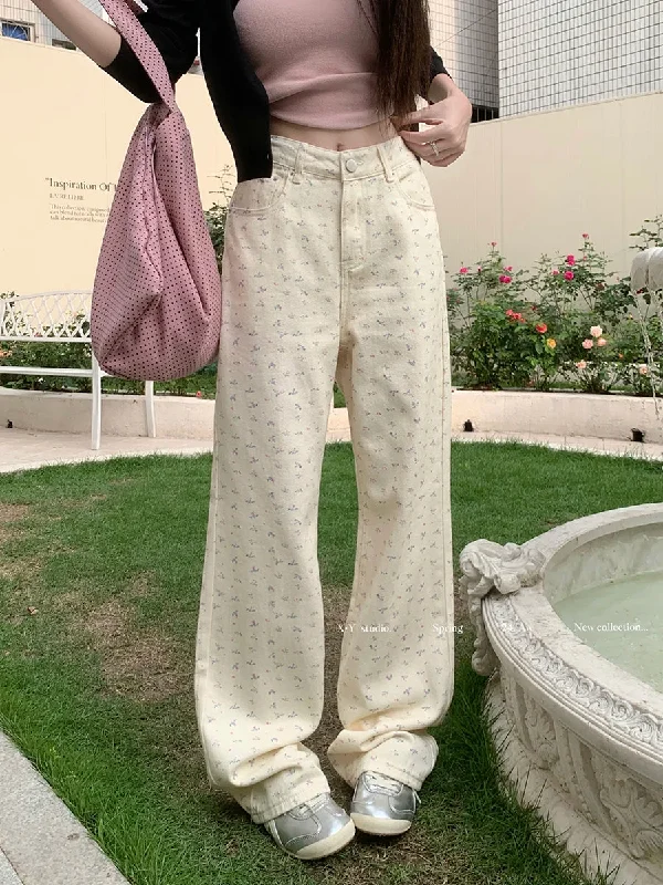 Floral Print Summer Y2k Retro Baggy Korean Style Casual High Waist Straight Wide-leg Pants