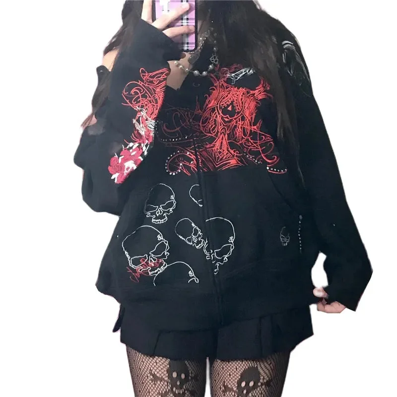 Gothic Sweatshirt Women 2000s Fairy Grunge Skull Print Long Sleeve Hooded Tops y2k Aesthetic Hoodie Oversize Clothes Streetwear