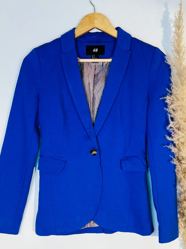 H&M Double Pocket Solid Blue Blazer