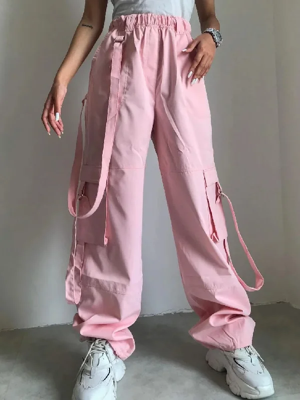 High Waist Cargo Pocket Loose Pink Fashion Baggy Sweatwear Autumn Winter Casual Pants