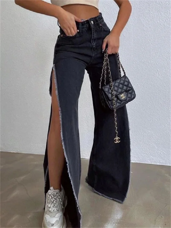 High Waisted Side Split Out Casual Loose Black Streetwear Summer Wide Long Baggy Jeans