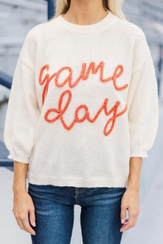 It's Game Day Ivory/Orange Puff Sleeve Sweater