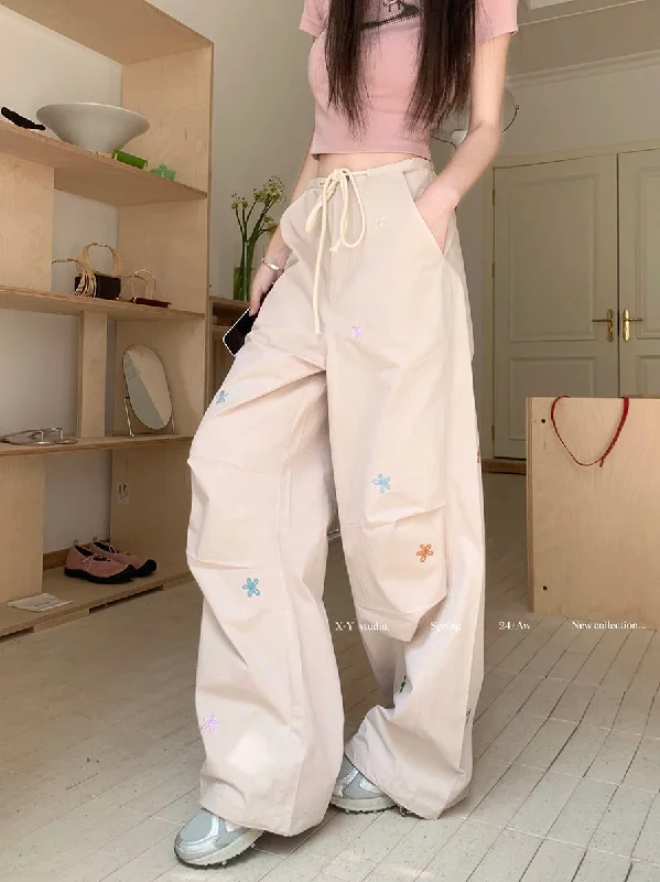 Mid Waisted Drawstring Oversize Joggers Y2k American Retro Loose Embroidered Wide Leg Pants