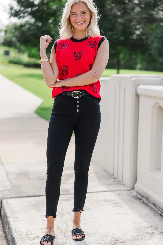 Pack A Punch Red Sequin Bulldog Sleeveless Sweater