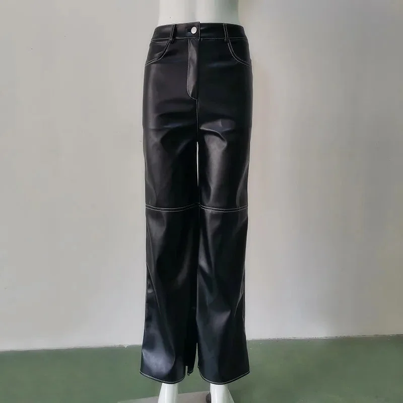 PU Leather Straight Black High-waist Fashion Vintage Long Autumn Y2k Pants