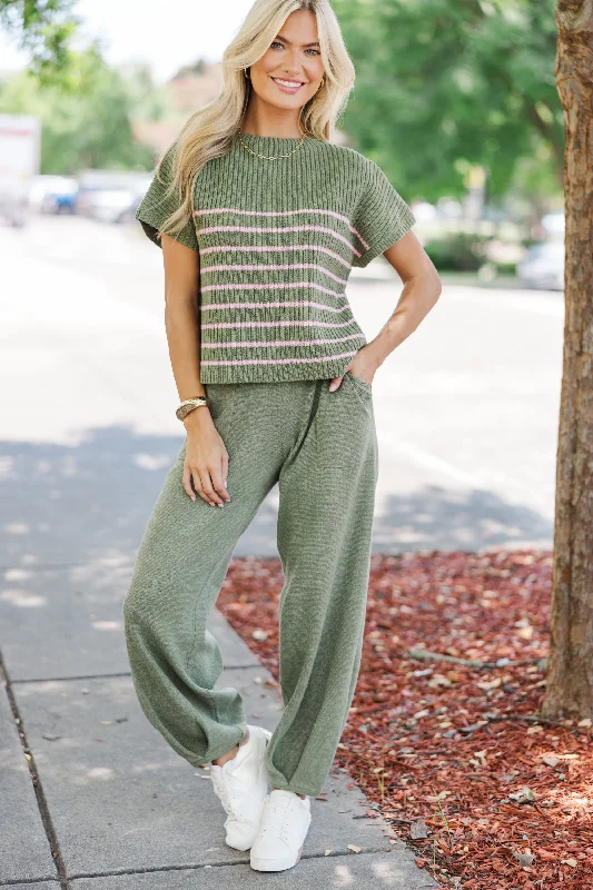 Ready For The Day Olive Green Striped Sweater