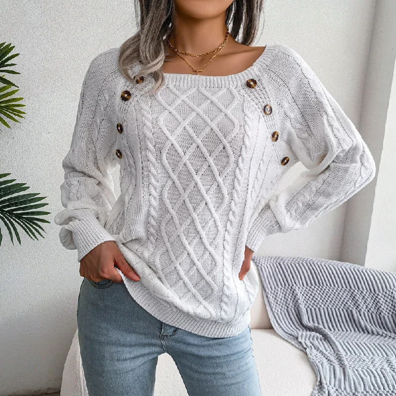 Rhombus Casual Square Collar Twist Knitted Sweater Women's Pullover