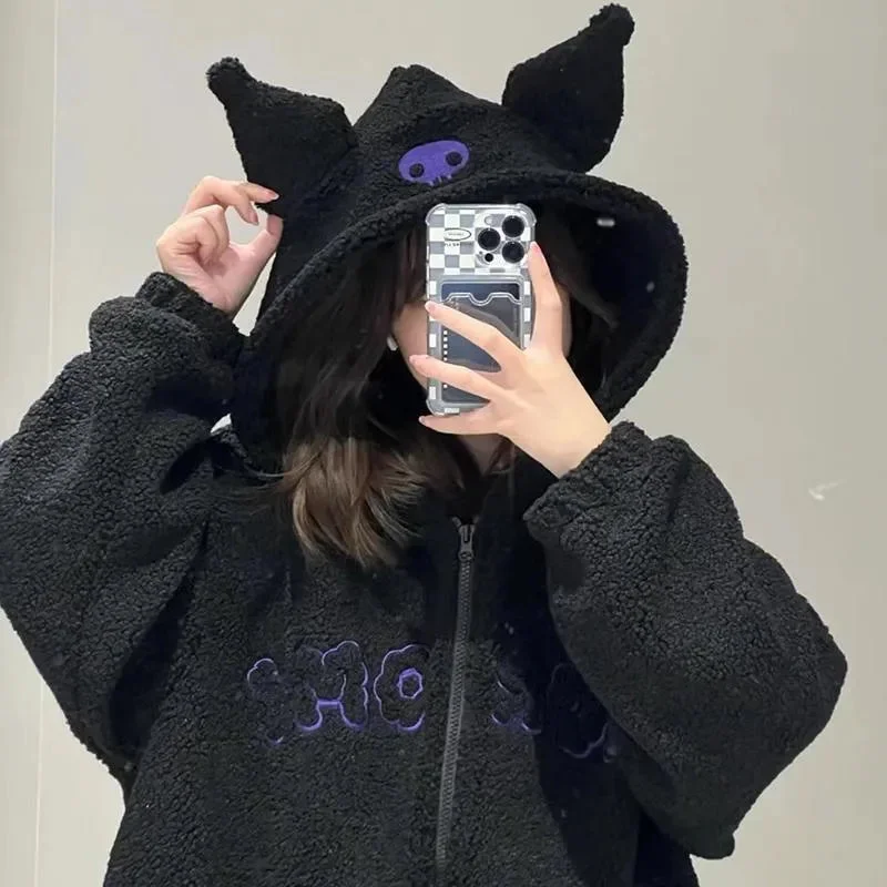 Sanrio Cartoon Kuromi Clothes Women Black Embroidery Hoodies Y2k Aesthetic Tops Autumn Thin Coat Female Fashion Loose Sweatshirt