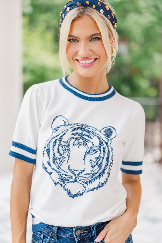 Stay In Character White/Navy Tiger Sweater