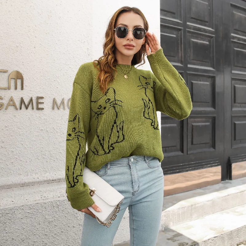 Women's Glamorous Cat Brocade Loose Long-sleeved Sweaters