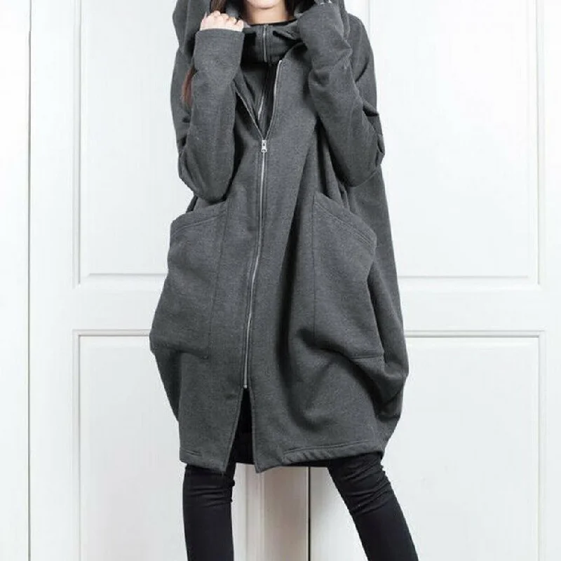 Women's Hooded Pocket Sweatshirt Zipper Mid-length Fake Coats