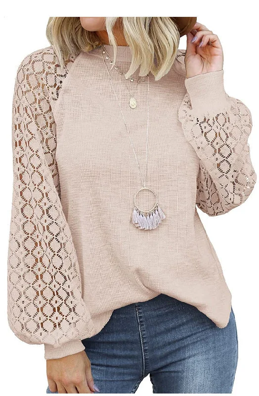 Women's Round Neck Long Sleeve Lace Stitching Sweaters