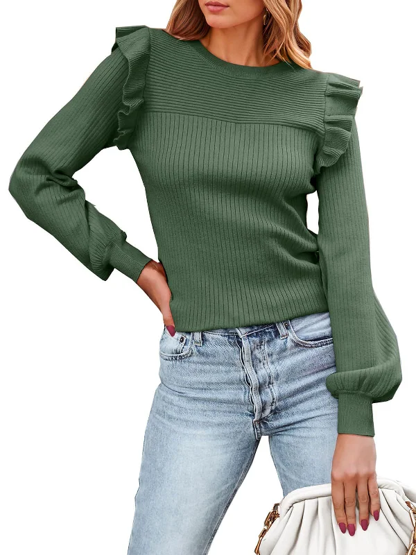 Women's Ruffled Shoulder Long-sleeved Round Neck Slim Sweaters