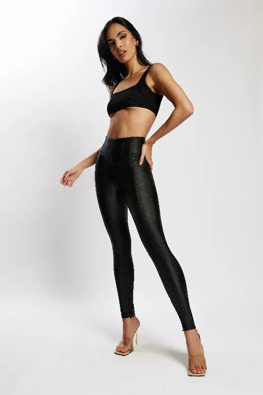 Zima Leatherette Corsetted High Waisted Pants - Black