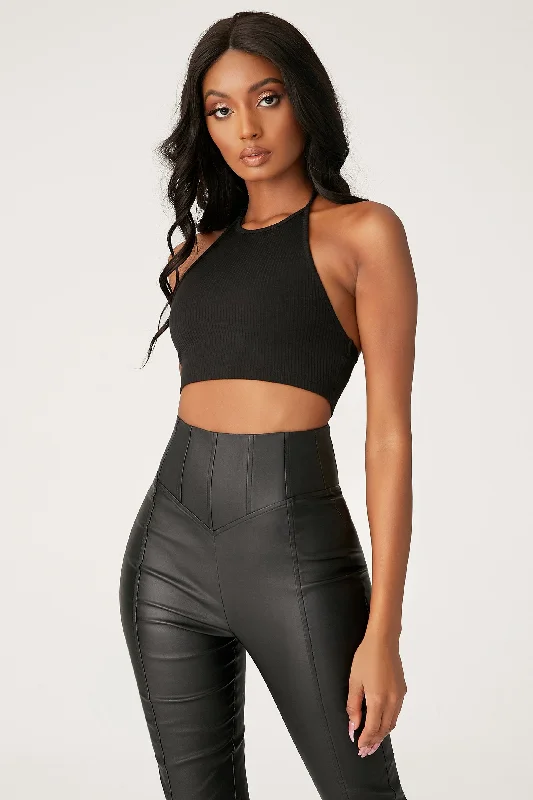 Zima Leatherette Corsetted High Waisted Pants - Black