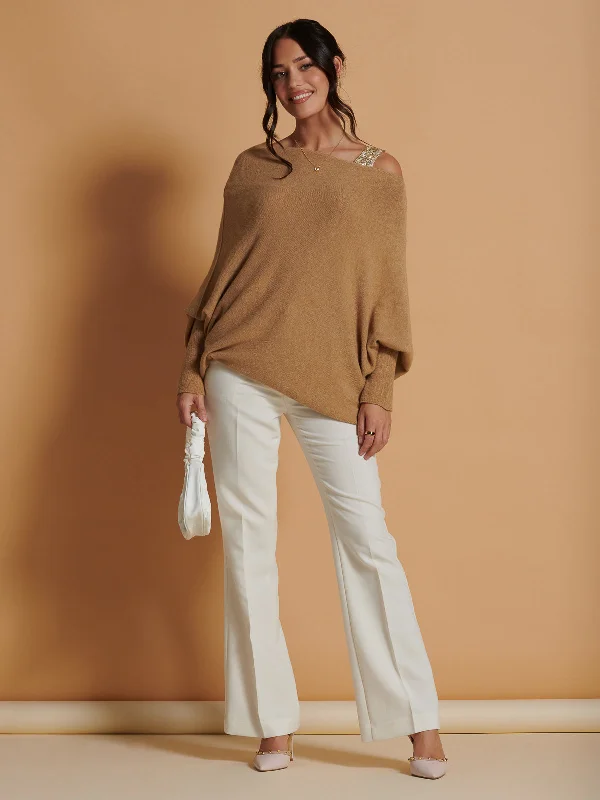 Made in Italy Asymmetric Draped Knit Jumper, Camel