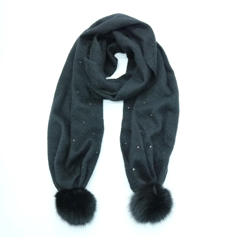 Cashmere Scarf With Fox Fur Poms And Crystals