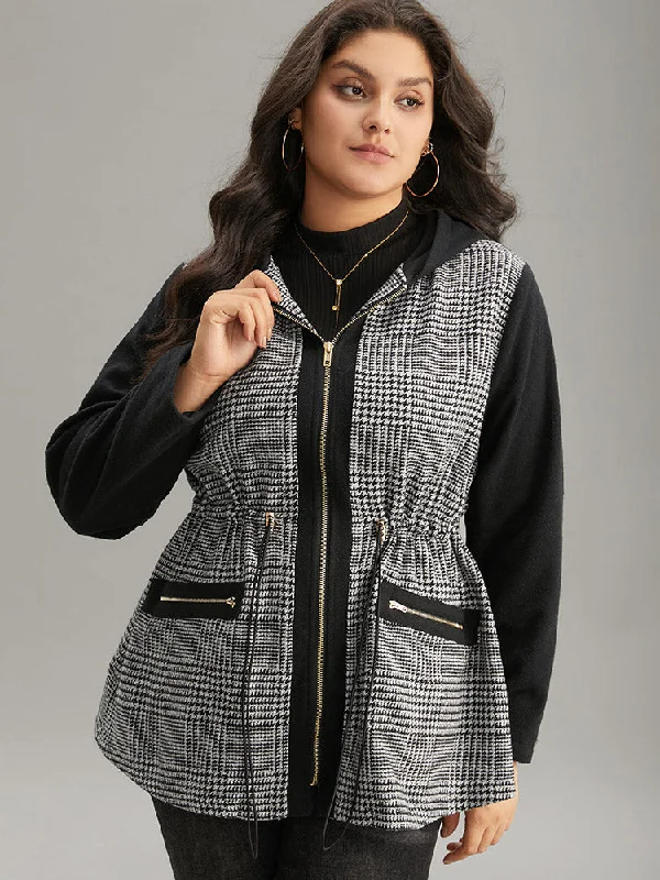 Houndstooth Patchwork Zipper Drawstring Coat