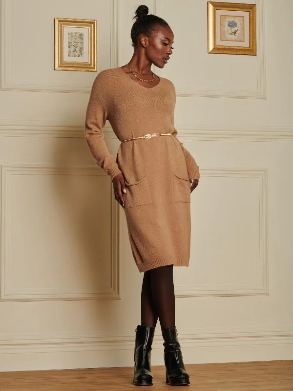 Made in Italy V Neck Knitted Jumper Dress, Tan Brown