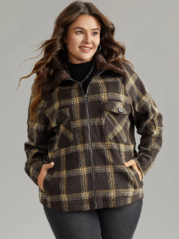 Plaid Patchwork Fuzzy Trim Zipper Fly Coat