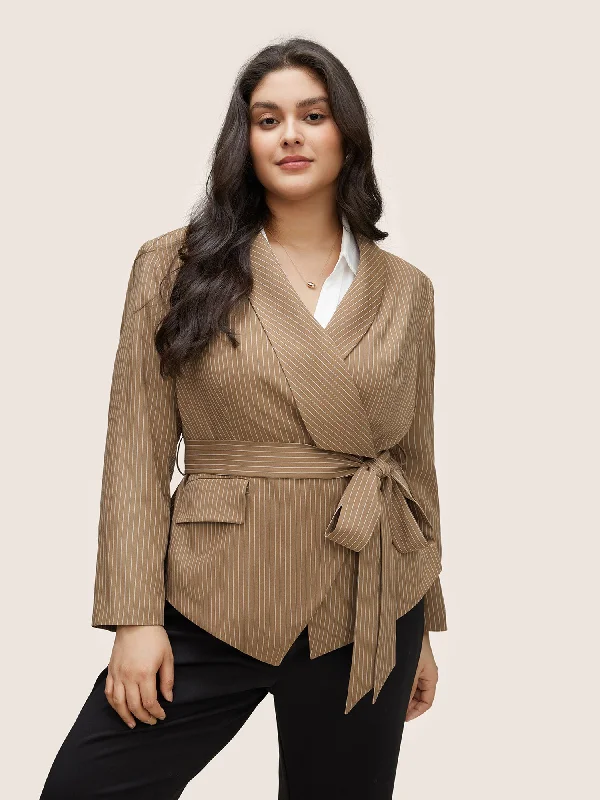 Striped Asymmetrical Hem Belted Flap Pocket Blazer