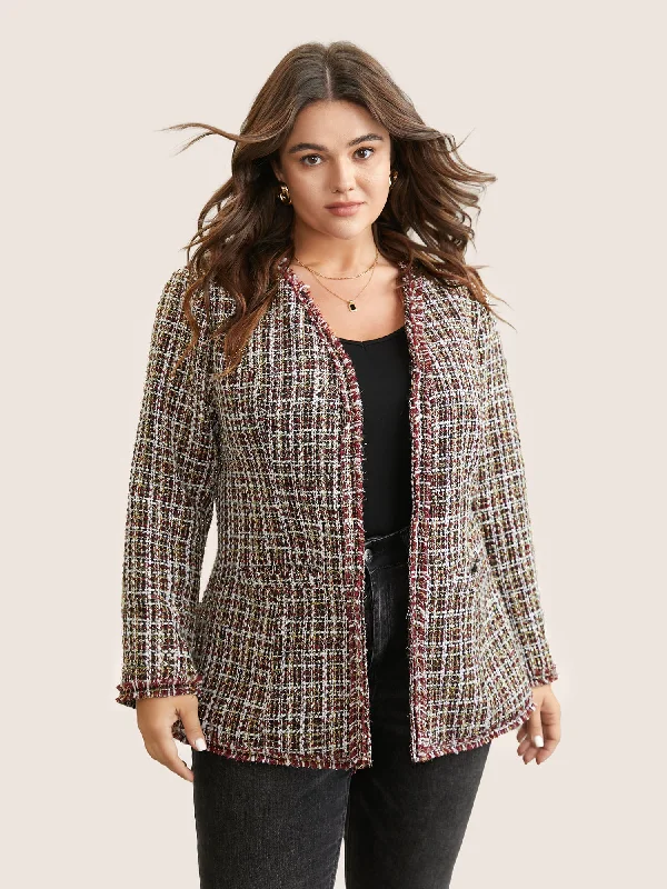 Tweed Fuzzy Trim Pocket Open Front Jacket