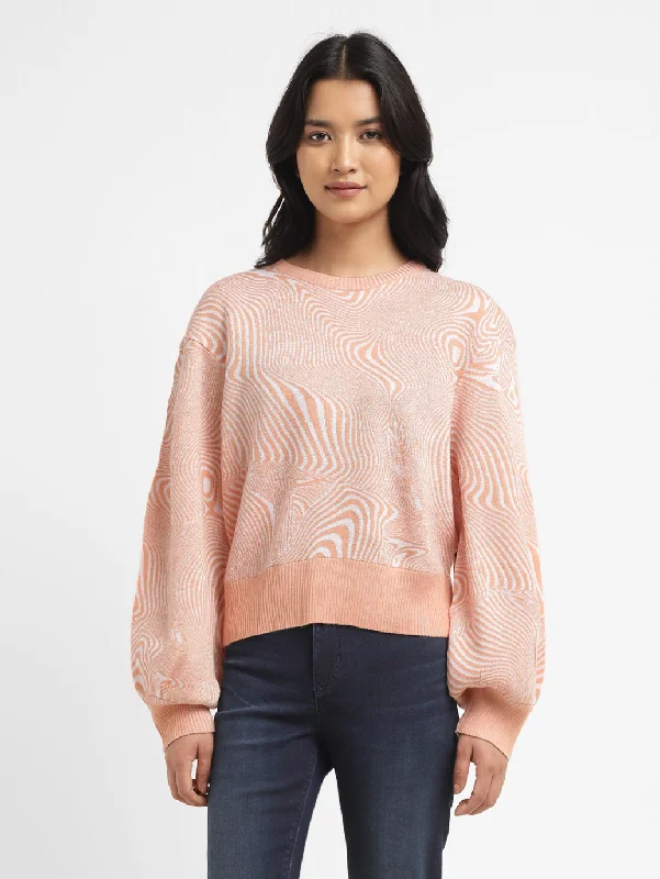 Women's Abstract Print Peach Crew Neck Sweater