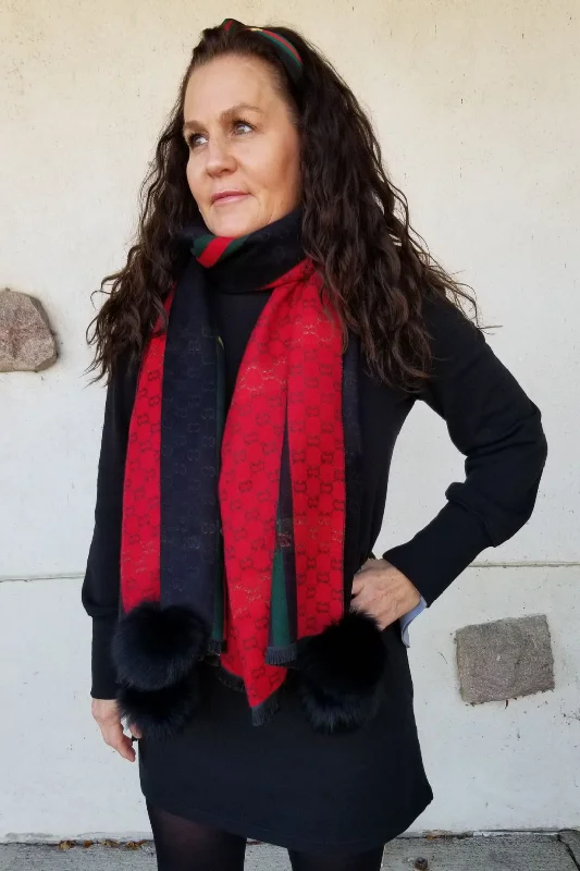 Woven Scarf with Fox Pom