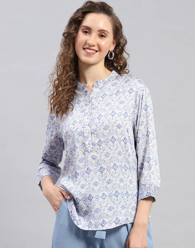 Women Sky Blue Printed  Mandarin Neck 3/4 Sleeve Top