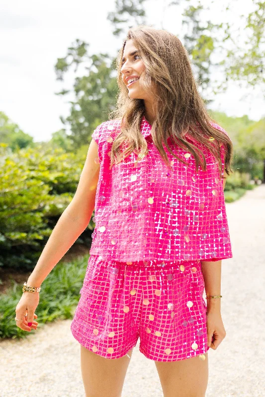 Hot Pink Checker Paillette Collar Top