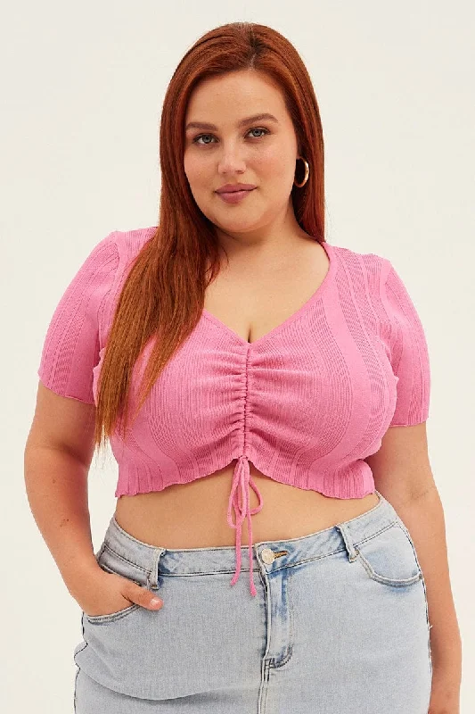 Pink Knit Top Ruched Front Short Sleeve Crop