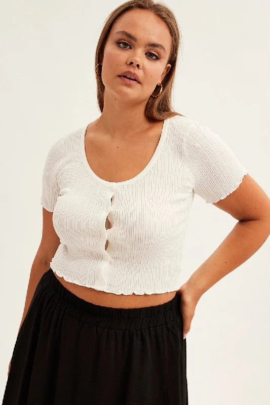 White Crop Knit Top Scoop Neck Short Sleeve