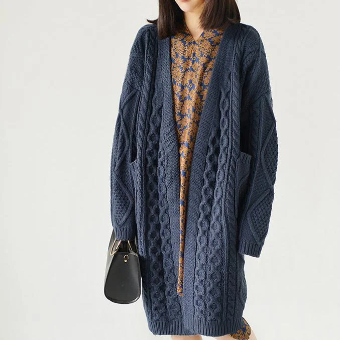 Dull blue cable knit cardigans plus size sweaters knitted coats