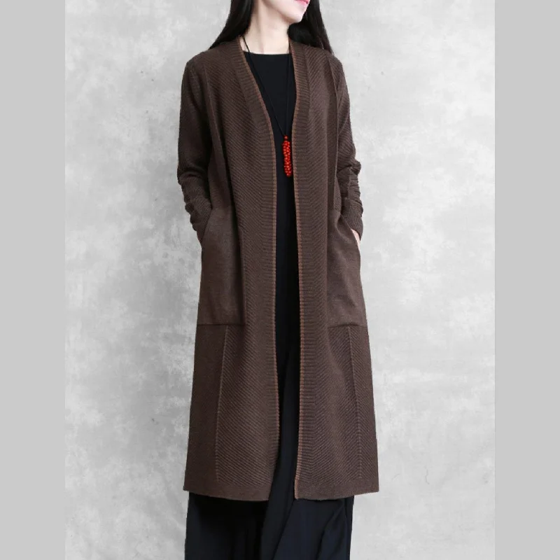 Elegant plus size long coat coat chocolate pockets coat