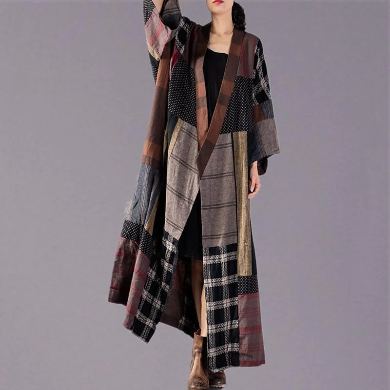 Elegant tie waist Plus Size clothes plaid patchwork Art coats